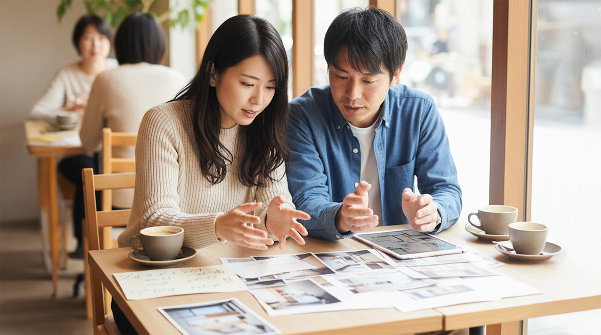 カフェで内覧の振り返りをする夫婦