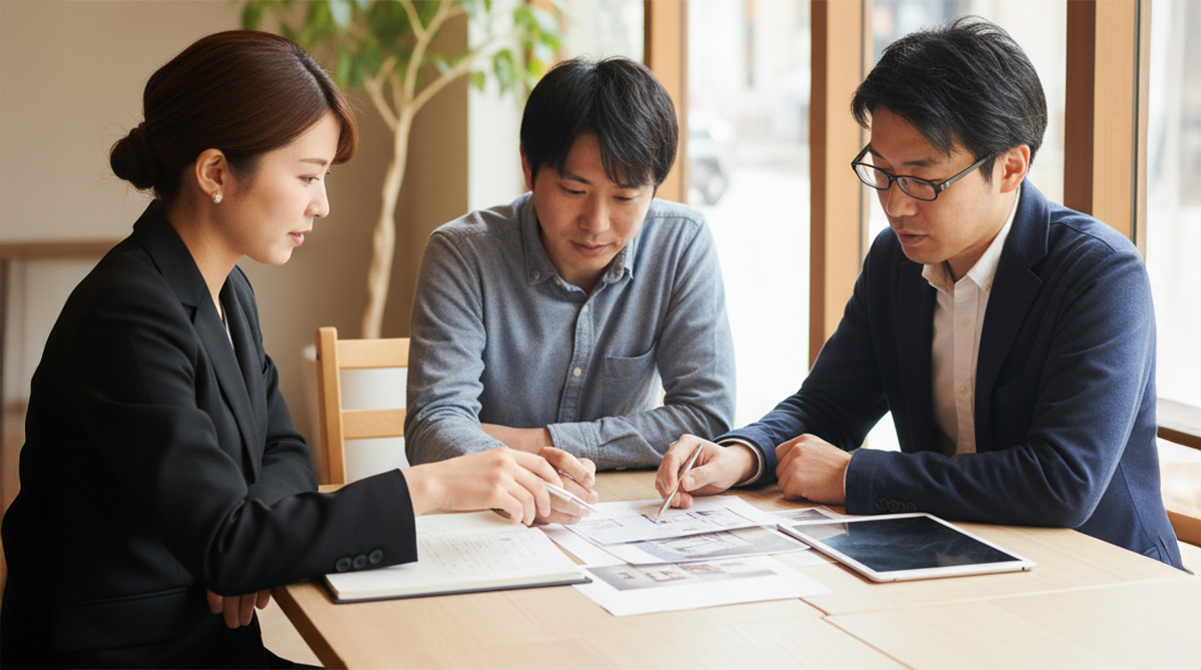 ホームインスペクションの結果について専門家から説明を受ける夫婦