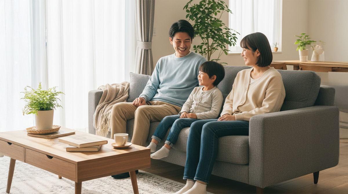 リフォーム後のリビングでくつろぐ家族