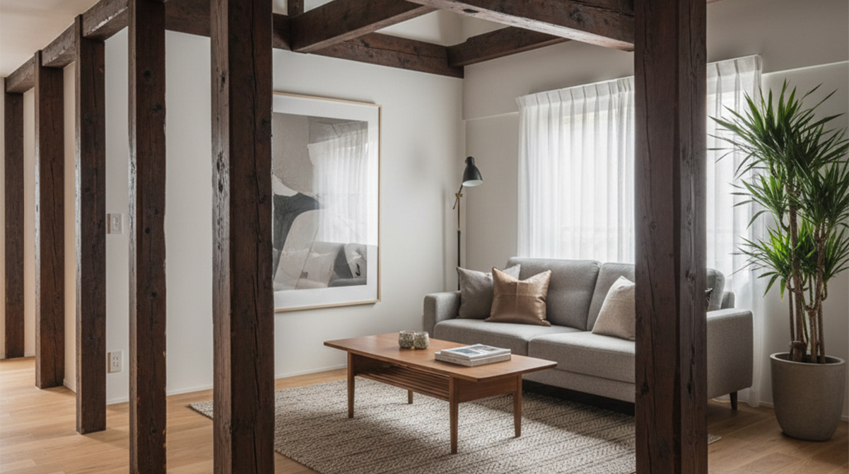 古い梁を活かしたリノベーションリビング