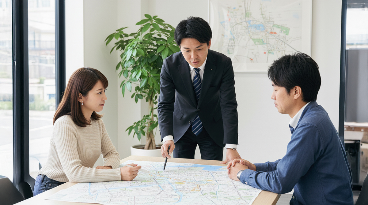 芦屋の静かなエリアについて相談する夫婦