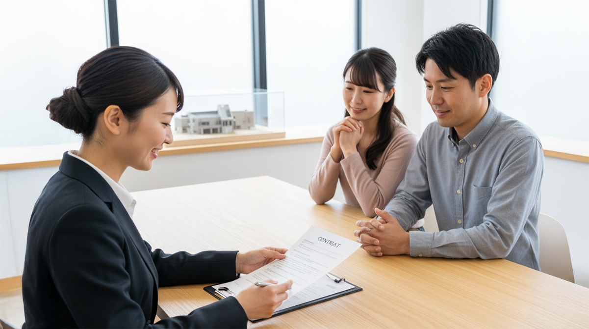 不動産契約についてプロの説明に納得する夫婦