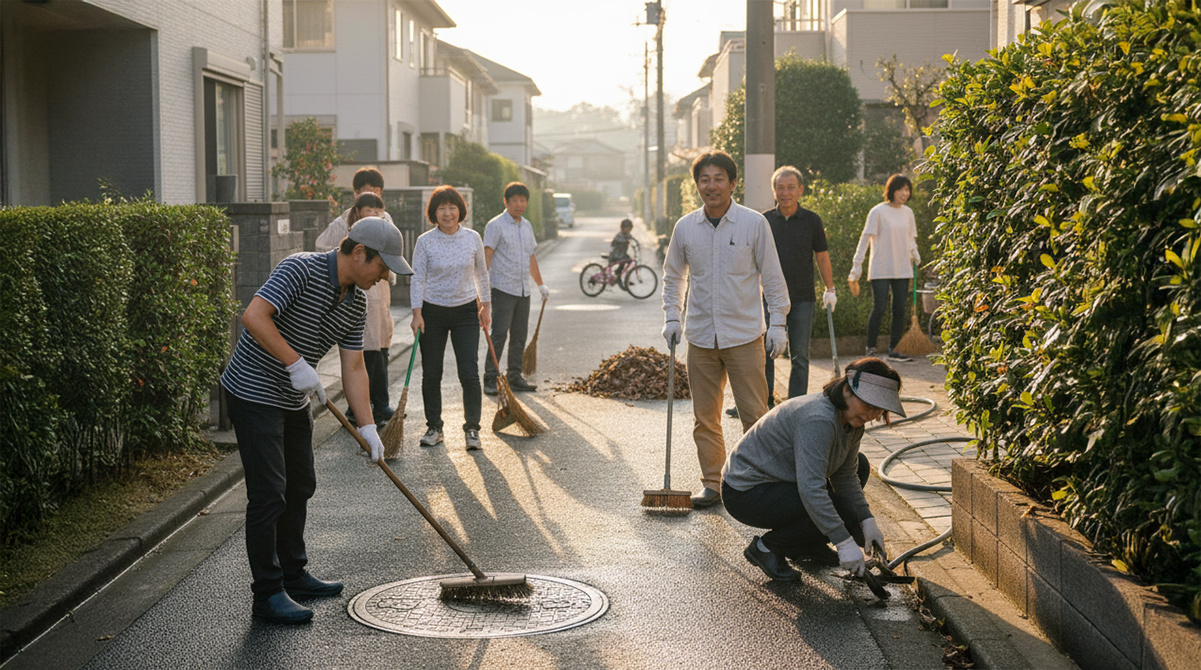住民で協力して私道を清掃する様子