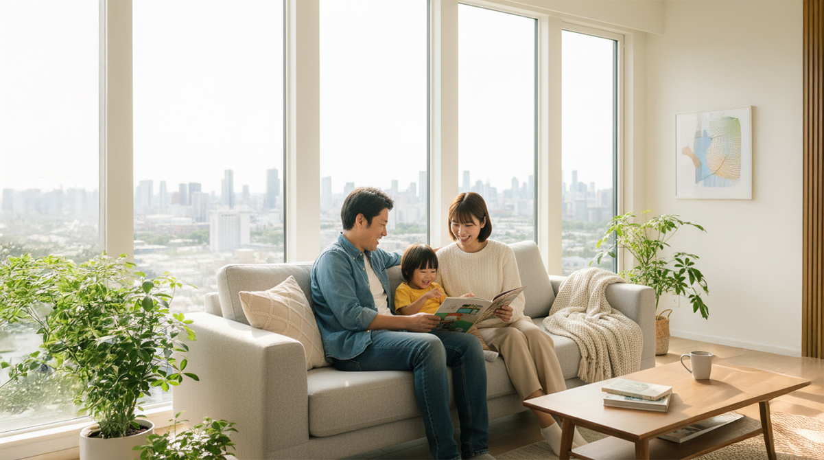 リノベーションしたリビングでくつろぐ家族