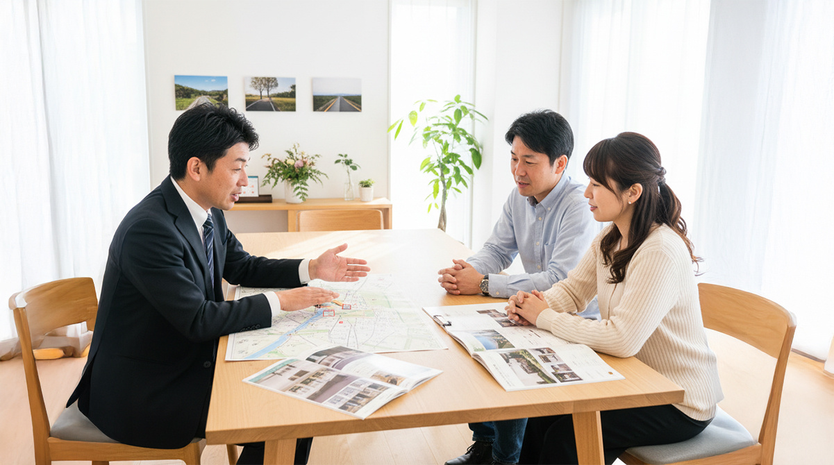 芦屋の不動産会社で物件の相談をする夫婦