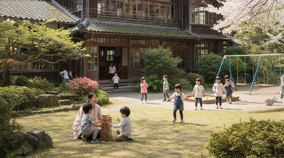伝統ある幼稚園の園舎と園児たち