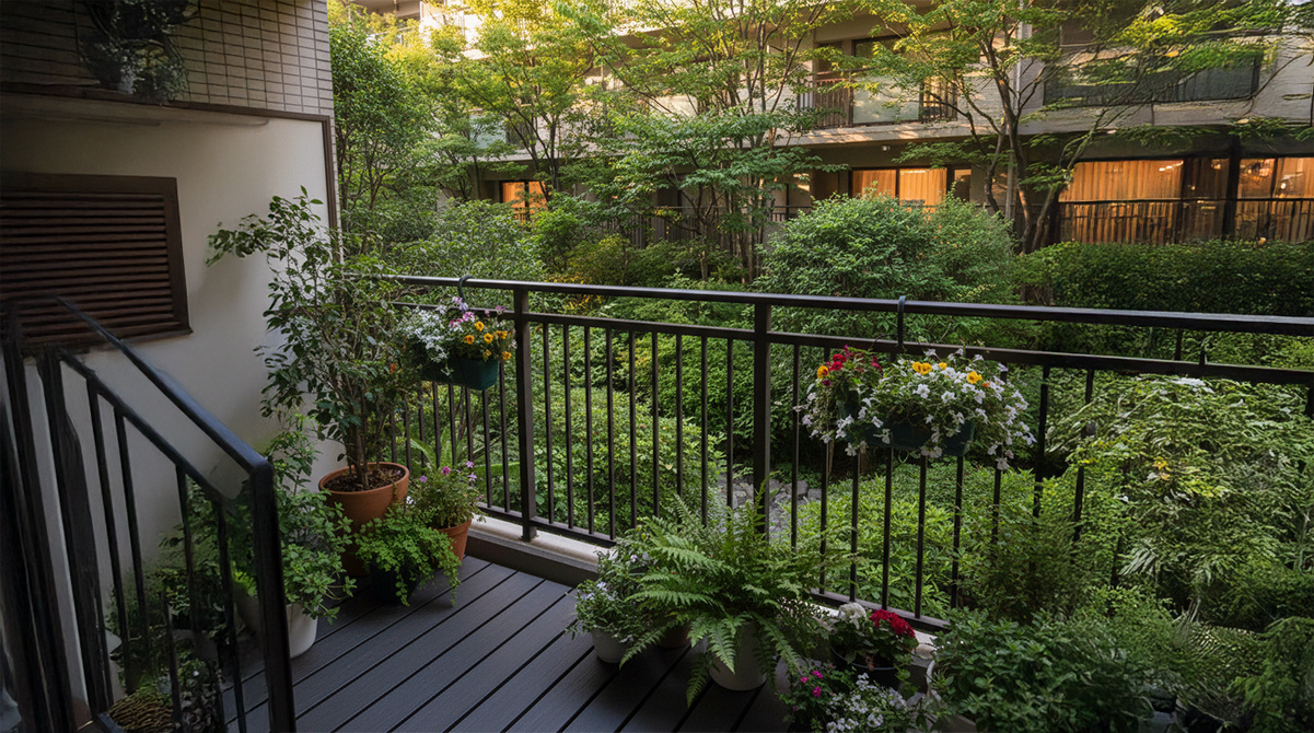 緑豊かなマンション低層階のバルコニー