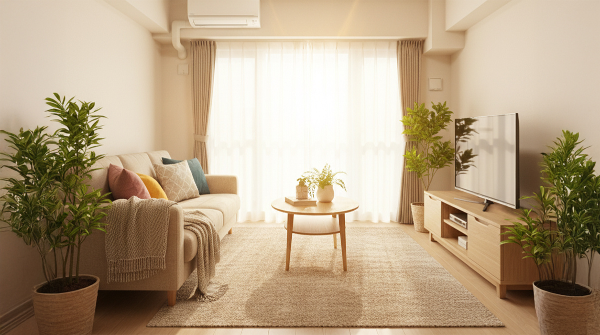 照明と自然光で明るく演出されたリビング