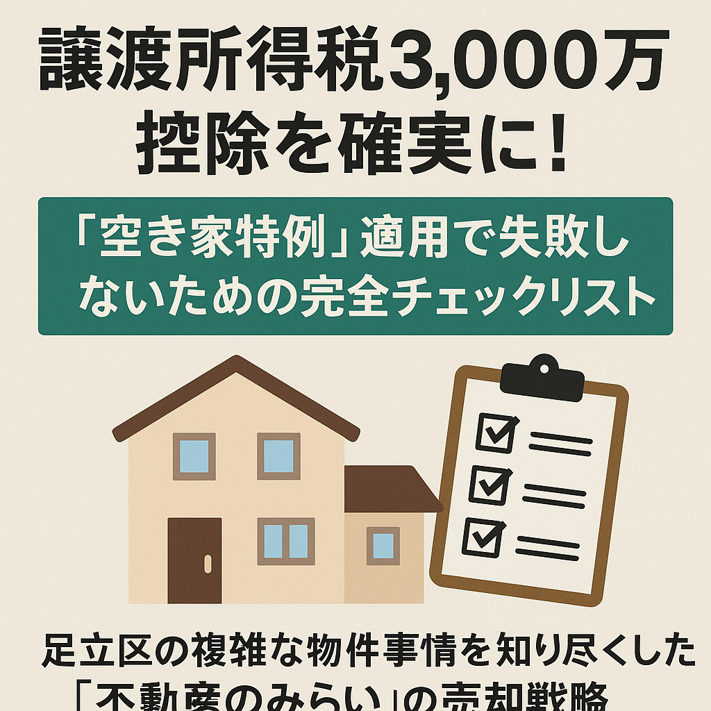【足立区版・相続売却の必読書】譲渡所得税3,000万円控除を確実に！「空き家特例」適用で失敗しないための完全チェックリスト 〜足立区の複雑な物件事情を知り尽くした「不動産のみらい」の売却戦略〜の画像