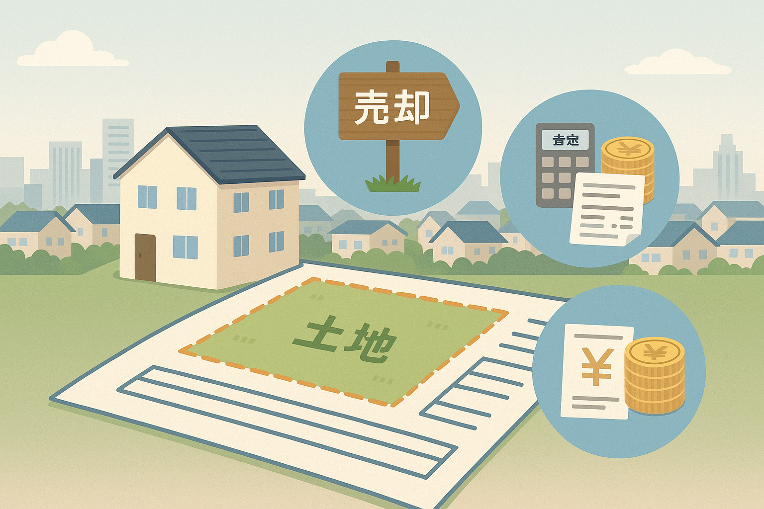 葛飾区で土地売却を検討する人向けに、査定額や税金、費用をイメージした不動産のみらいブログ用アイキャッチ画像