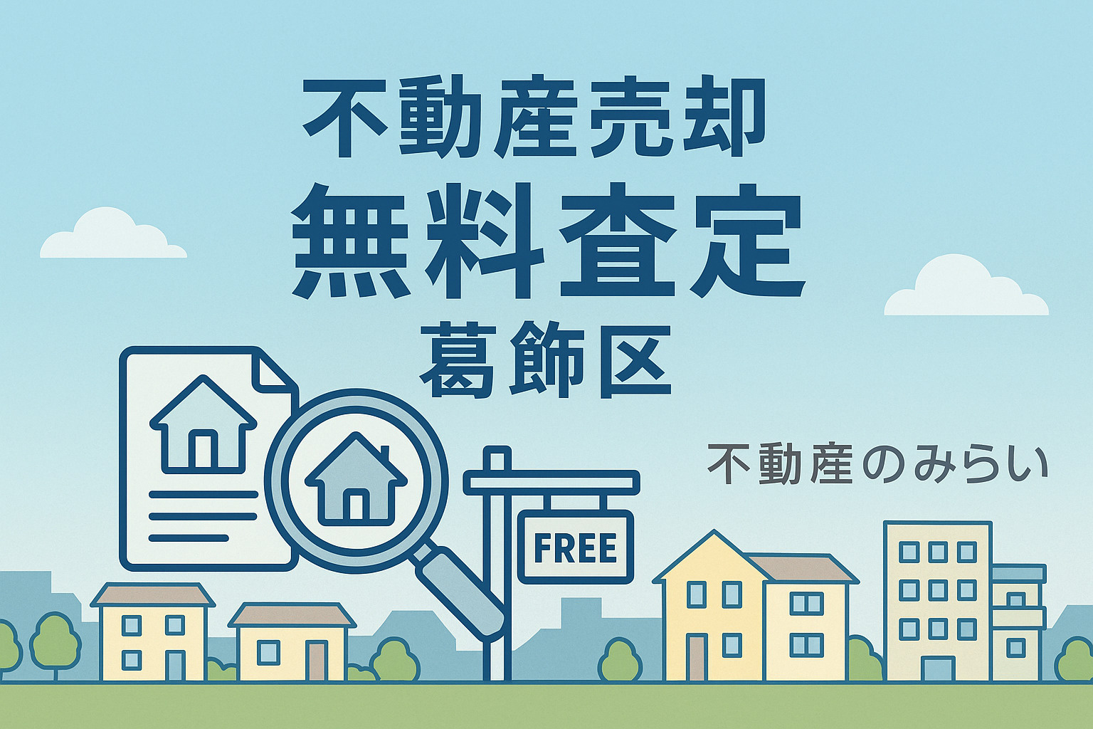 不動産売却と無料査定を象徴するアイコンを配置した不動産のみらいのブログ用イメージ