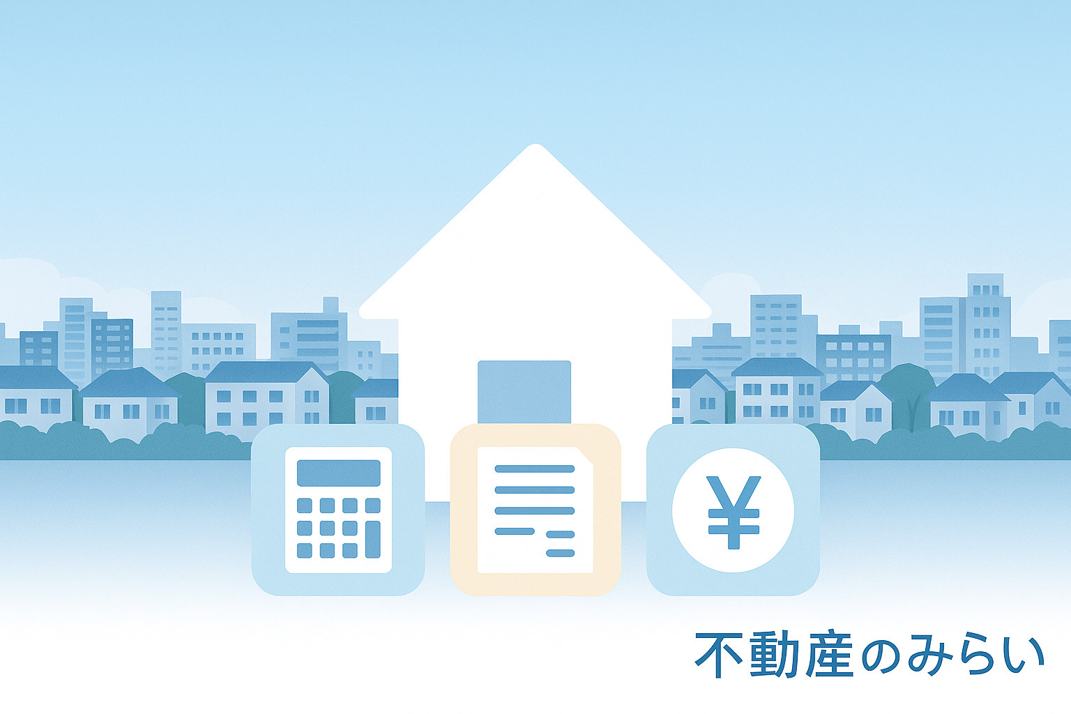 足立区の街並みを背景に、不動産売却と無料査定を象徴するアイコンを配置した不動産のみらいのブログ用イメージ
