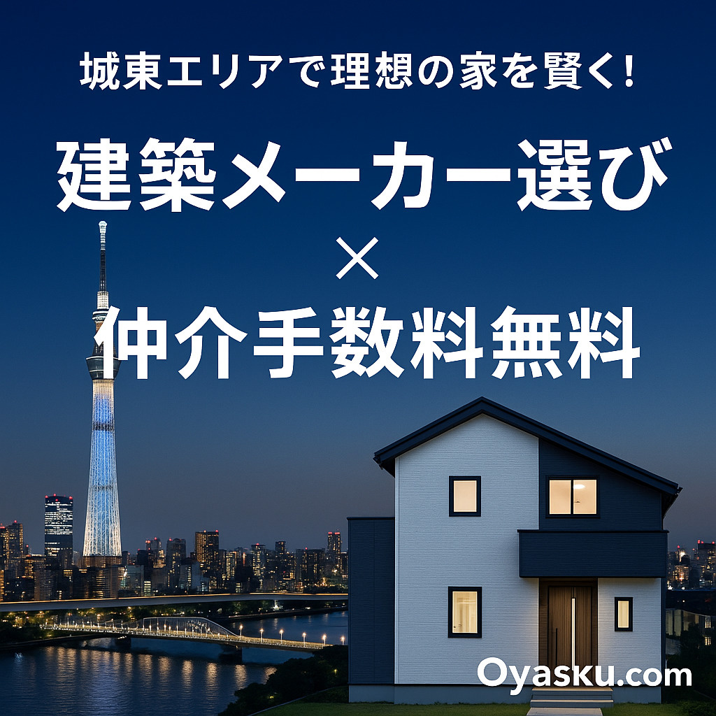 城東エリア（台東区・墨田区・江東区・葛飾区・江戸川区・荒川区・足立区）で新築戸建を購入する際の建築メーカー選びと、仲介手数料無料で理想の家を実現するオヤスク.comのサービス紹介画像