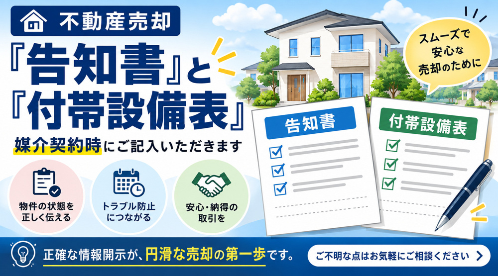 不動産売却時の「告知書」と「付帯設備表」は、媒介契約時にご記入いただいております。の画像