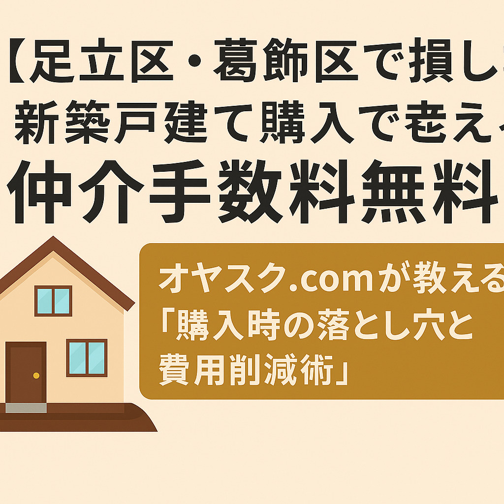 2025年秋、金利上昇前に足立区・葛飾区など城東エリアで新築戸建を購入する人向けの オヤスク.comプロモーション画像。 スカイツリーを背景に新築住宅の前で家族が笑顔で立ち、 「仲介手数料無料×W節約」を伝えるデザイン。