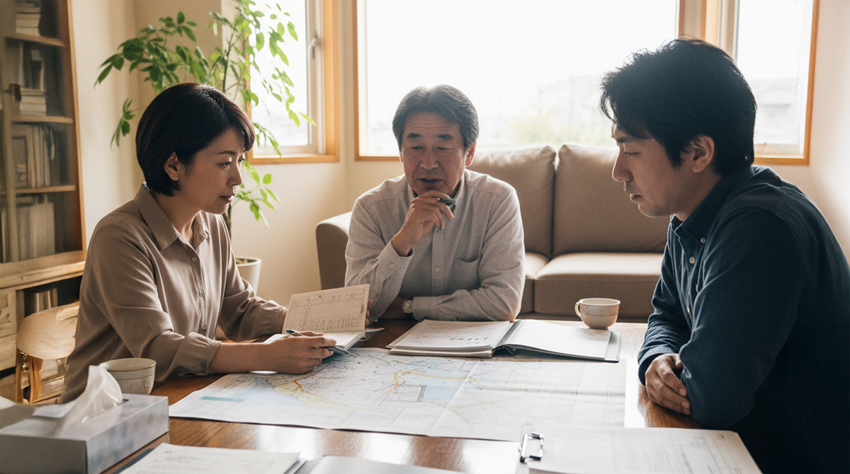 相続不動産の分割について話し合う家族