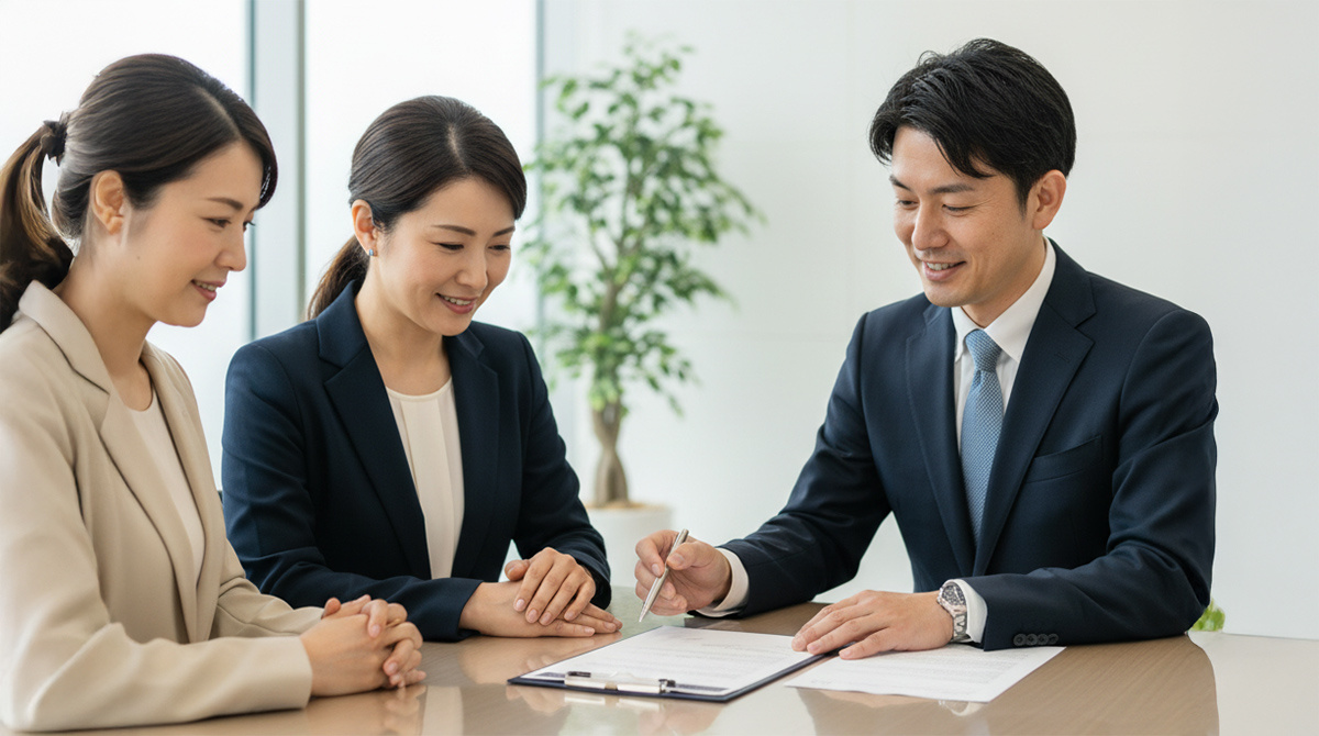 芦屋の不動産相続売却について、専門家から説明を受け安心する夫婦