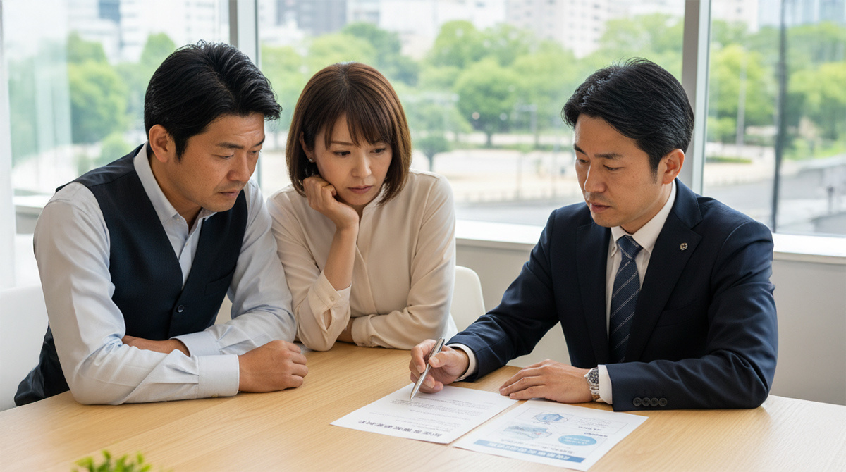 契約不適合責任の権利について専門家から説明を受ける夫婦
