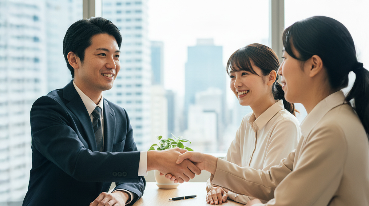 芦屋の不動産売買契約が無事に成立し、握手する売主と買主と担当者