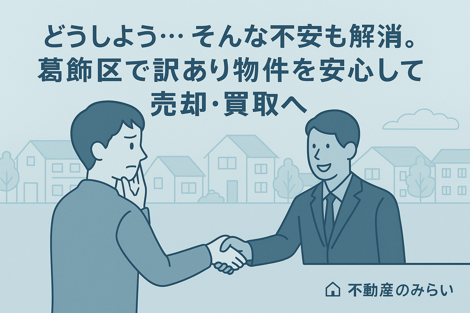住宅街を背景に、悩む売主と笑顔の不動産スタッフが握手するシーン。「どうしよう…そんな不安も解消。葛飾区で訳あり物件を安心して売却・買取へ」の文字入りで、不動産のみらいロゴを右下に配置。