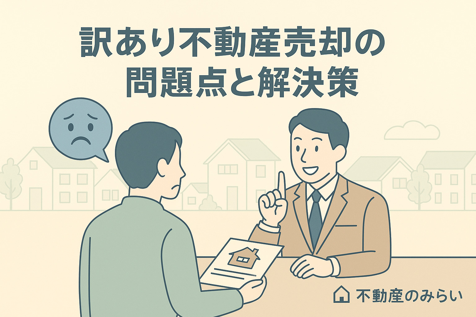 住宅街を背景に、書類を手に説明する不動産スタッフと悩む売主のシルエット。「訳あり不動産とは？葛飾区で多いケースと特徴