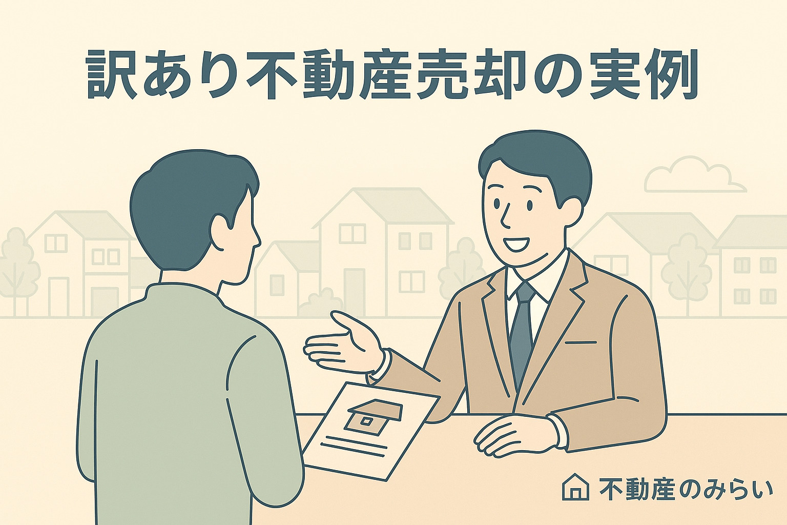 住宅街を背景に、書類を手に説明する不動産スタッフと売主のシルエット。「葛飾区での訳あり物件売却・買取の成功事例とポイント」