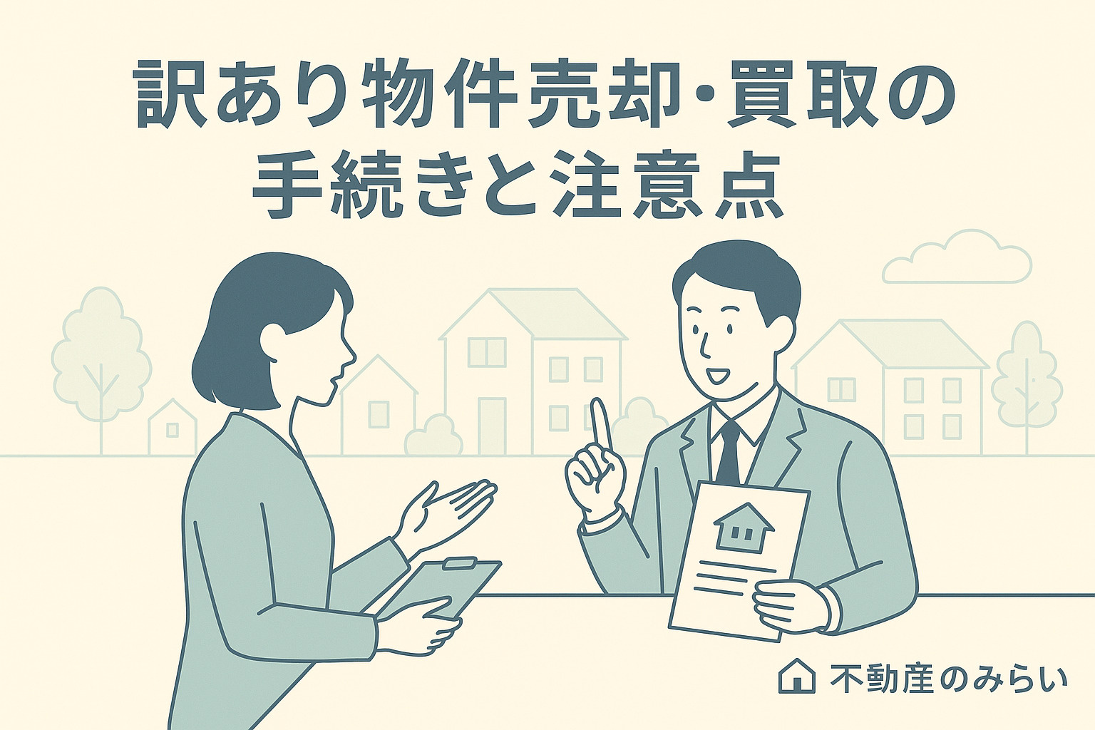 住宅街を背景に、契約書を手に注意点を説明する不動産スタッフと相談中の売主のシルエット。「訳あり物件を売る前に知っておくべき注意点とリスク回避策」