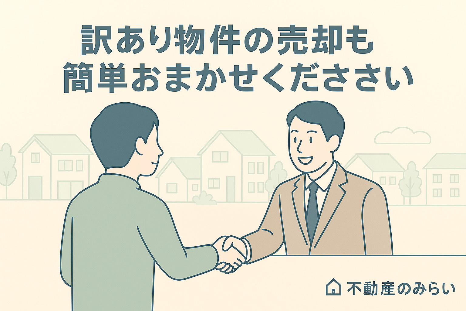 住宅街を背景に、笑顔で握手を交わす売主と不動産スタッフのシルエット。「訳あり物件売却を成功させるためのコツと不動産のみらいのサポート体制」
