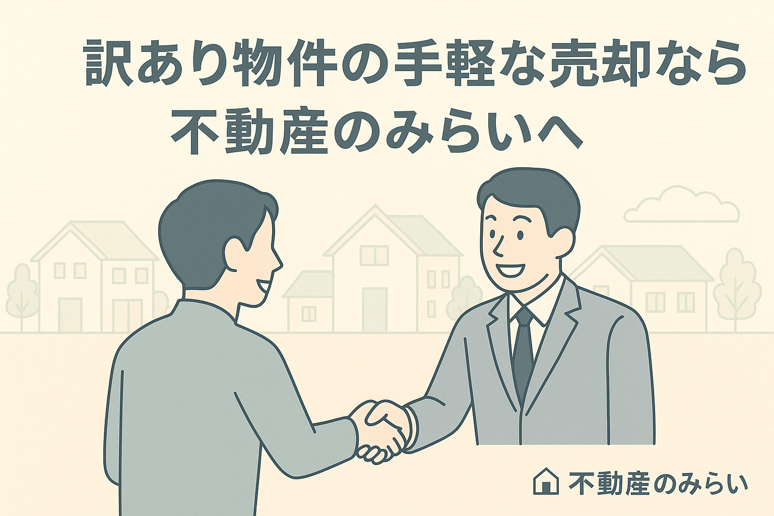 住宅街を背景に、笑顔で握手を交わす売主と不動産スタッフのシルエット。「訳ありでも売れない物件はない」