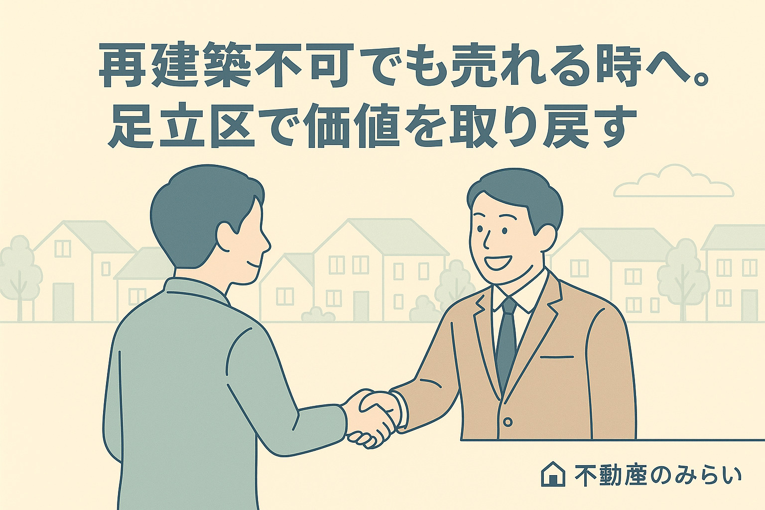 足立区の住宅街を背景に、再建築不可物件の売却相談を笑顔で交わす売主と不動産スタッフのシルエット。