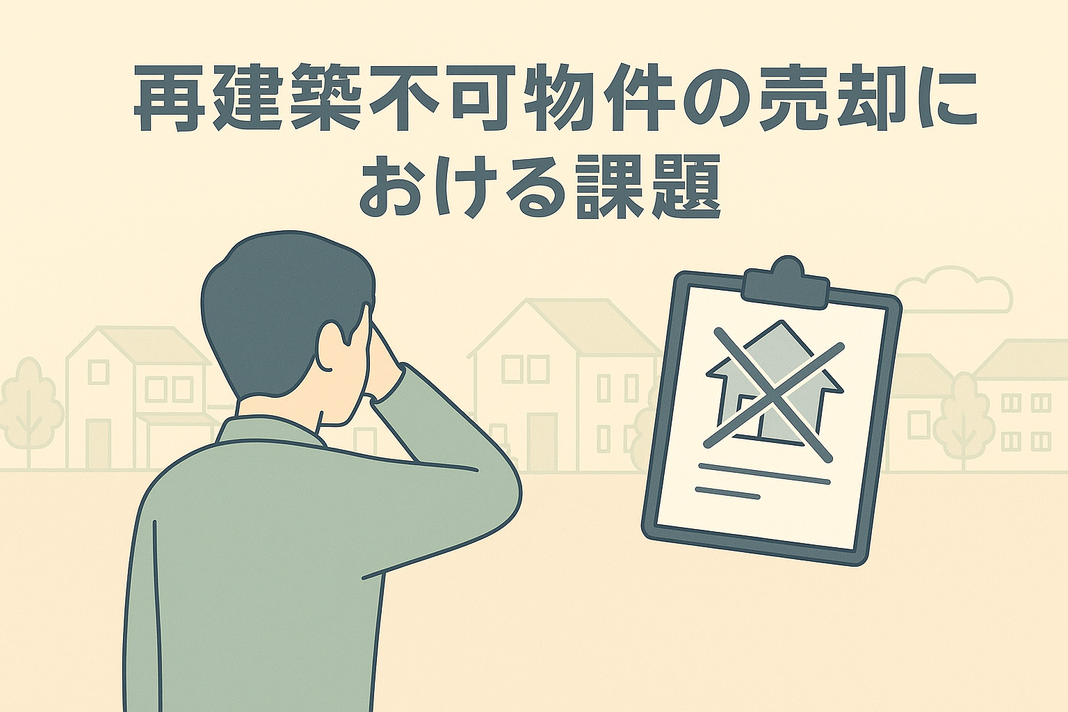 図面とメジャーを持つ不動産スタッフが、足立区の路地を背景に再建築不可の条件を説明する様子。