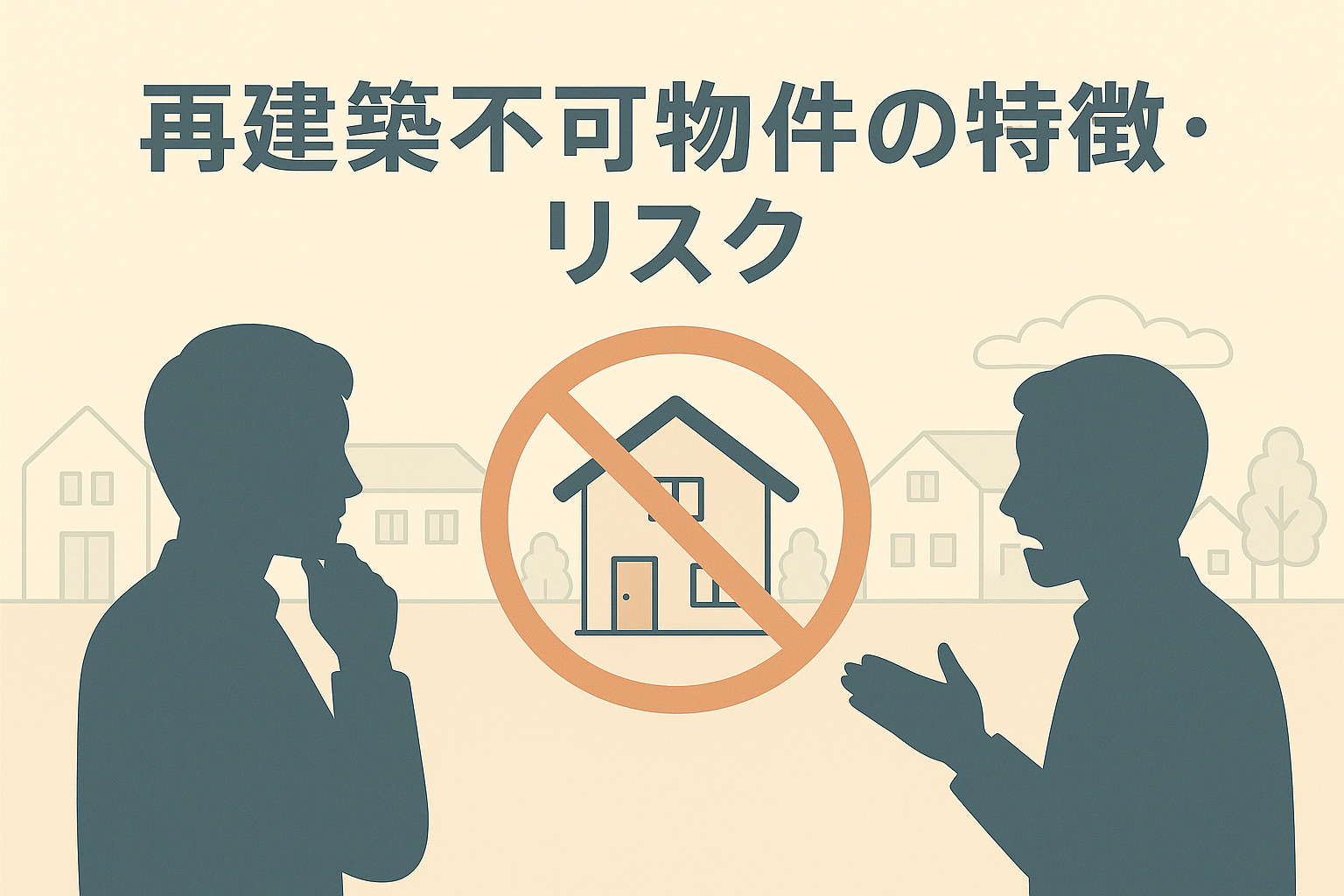 再建築不可物件の売却契約を結ぶ売主と投資家が笑顔で握手しているシルエット。背景に足立区の街並み。