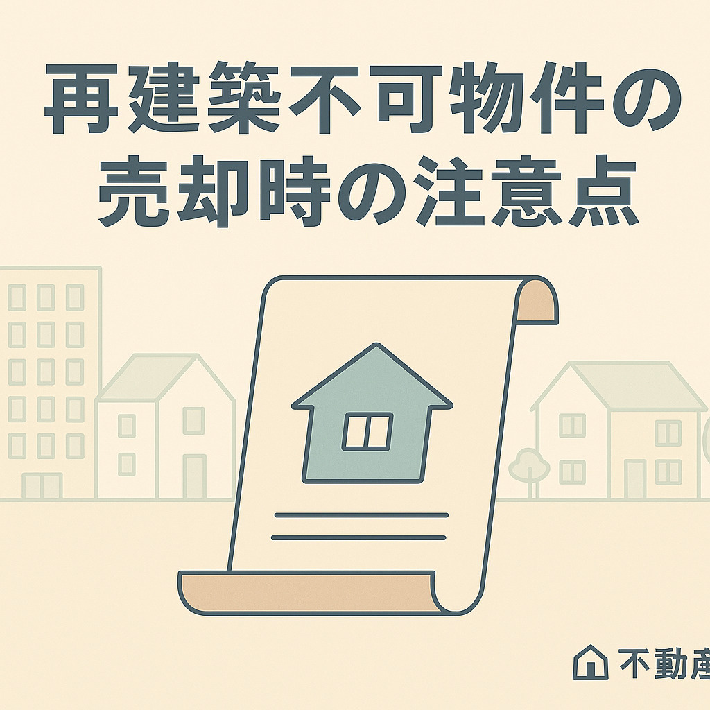 足立区の住宅街を背景に、再建築不可物件の注意点を丁寧に説明する不動産スタッフと売主のシルエット。