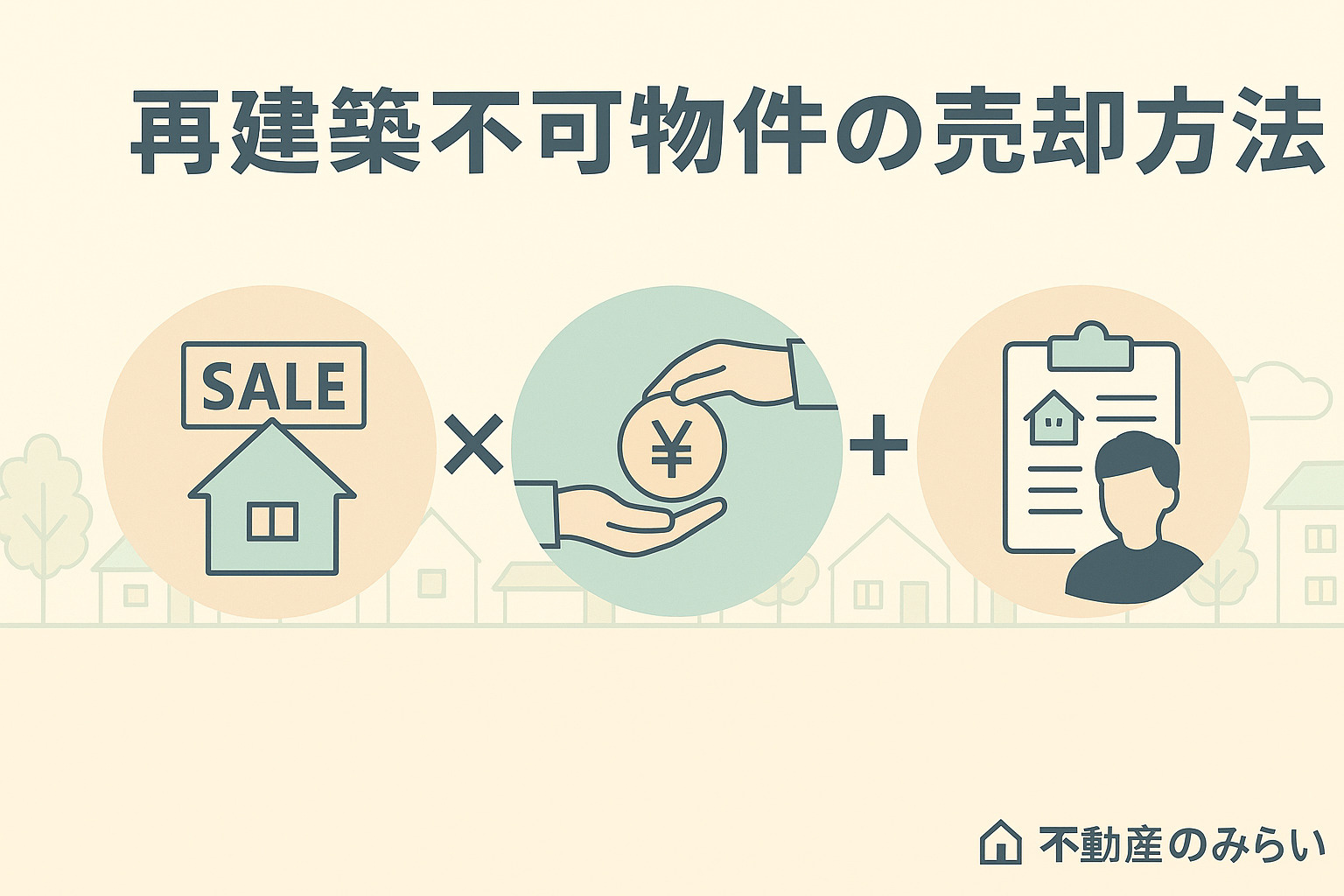 足立区の住宅街を背景に、不動産のみらいのチームが再建築不可物件の売却を協力して進める様子。