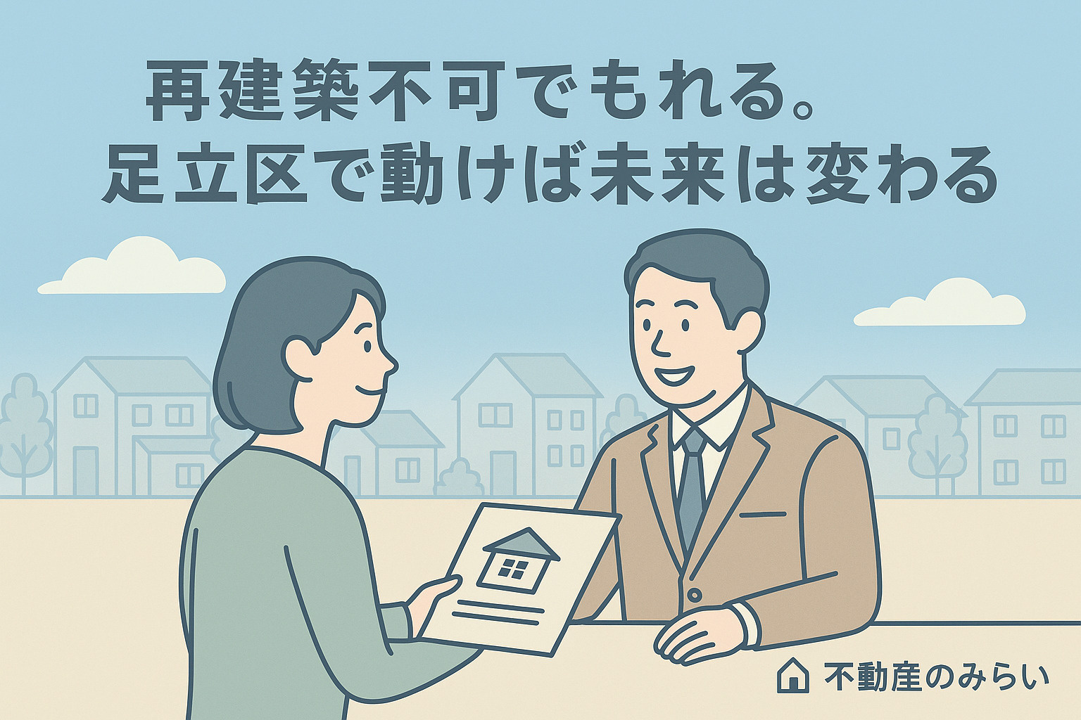 青空の下、足立区の住宅街を背景に契約書を手に微笑む売主と不動産スタッフのシルエット。不動産のみらいロゴ入り。
