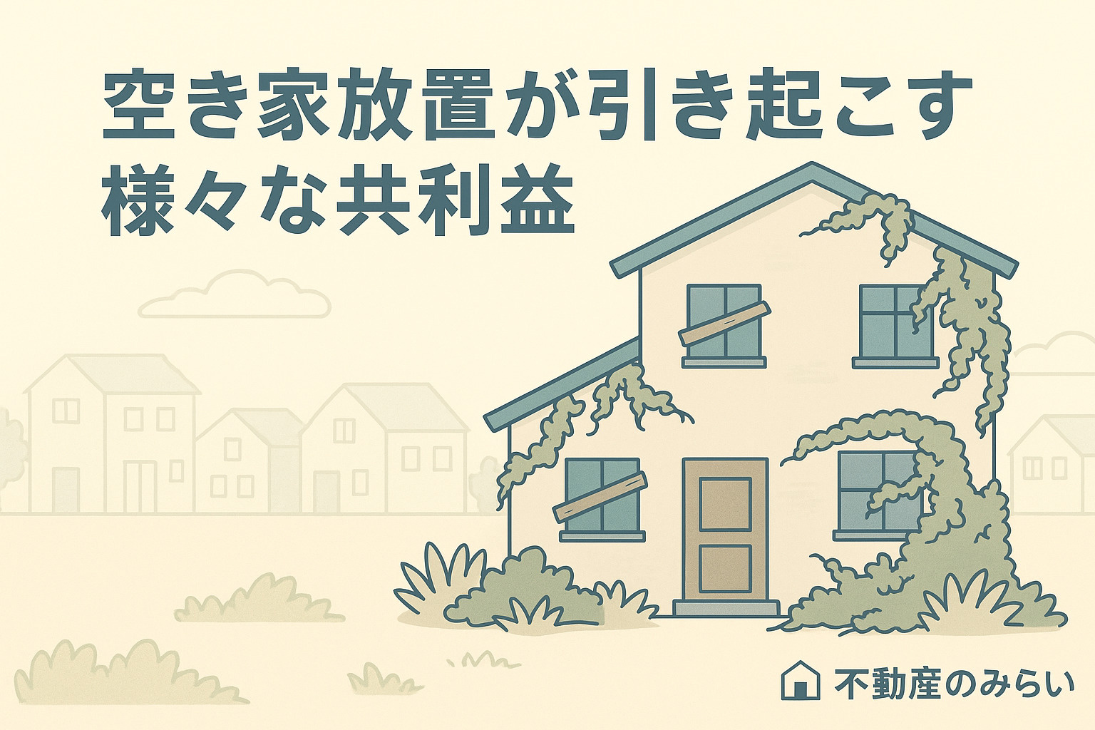 足立区竹ノ塚の住宅街を背景に、老朽化した家と警告看板の前で悩む男性のシルエット。中央上部にタイトル文字、右下に不動産のみらいロゴ入り。