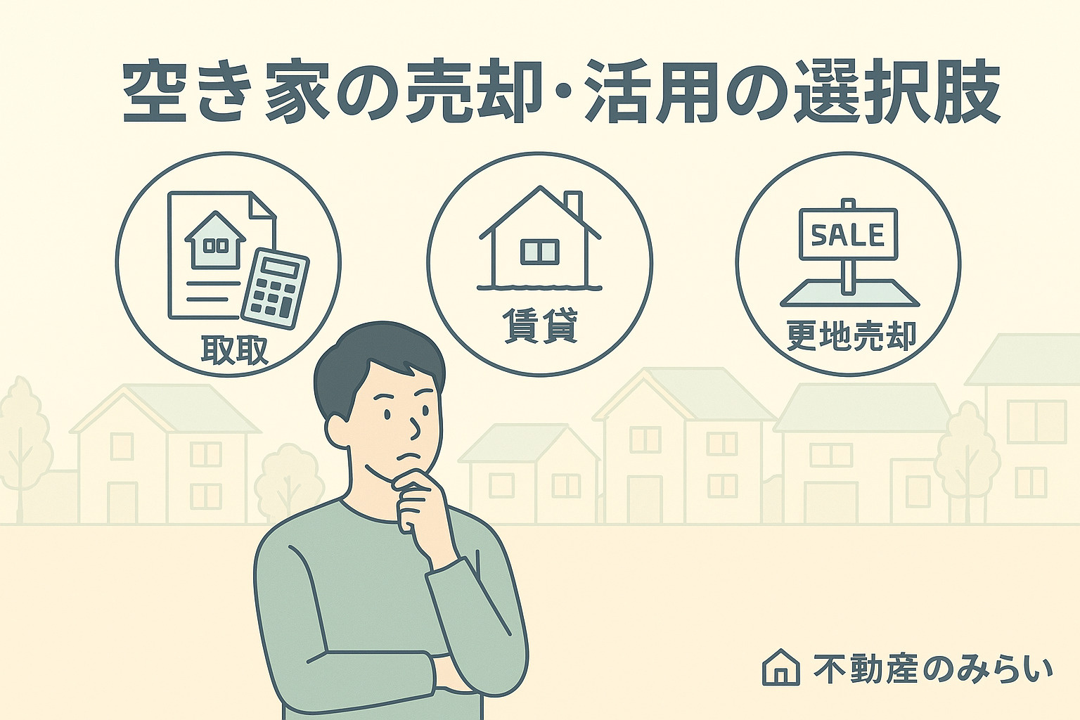 足立区綾瀬の住宅街を背景に、売主と不動産スタッフが資料を見ながら相談しているシルエット。青×グレー基調で右下に不動産のみらいロゴ入り。