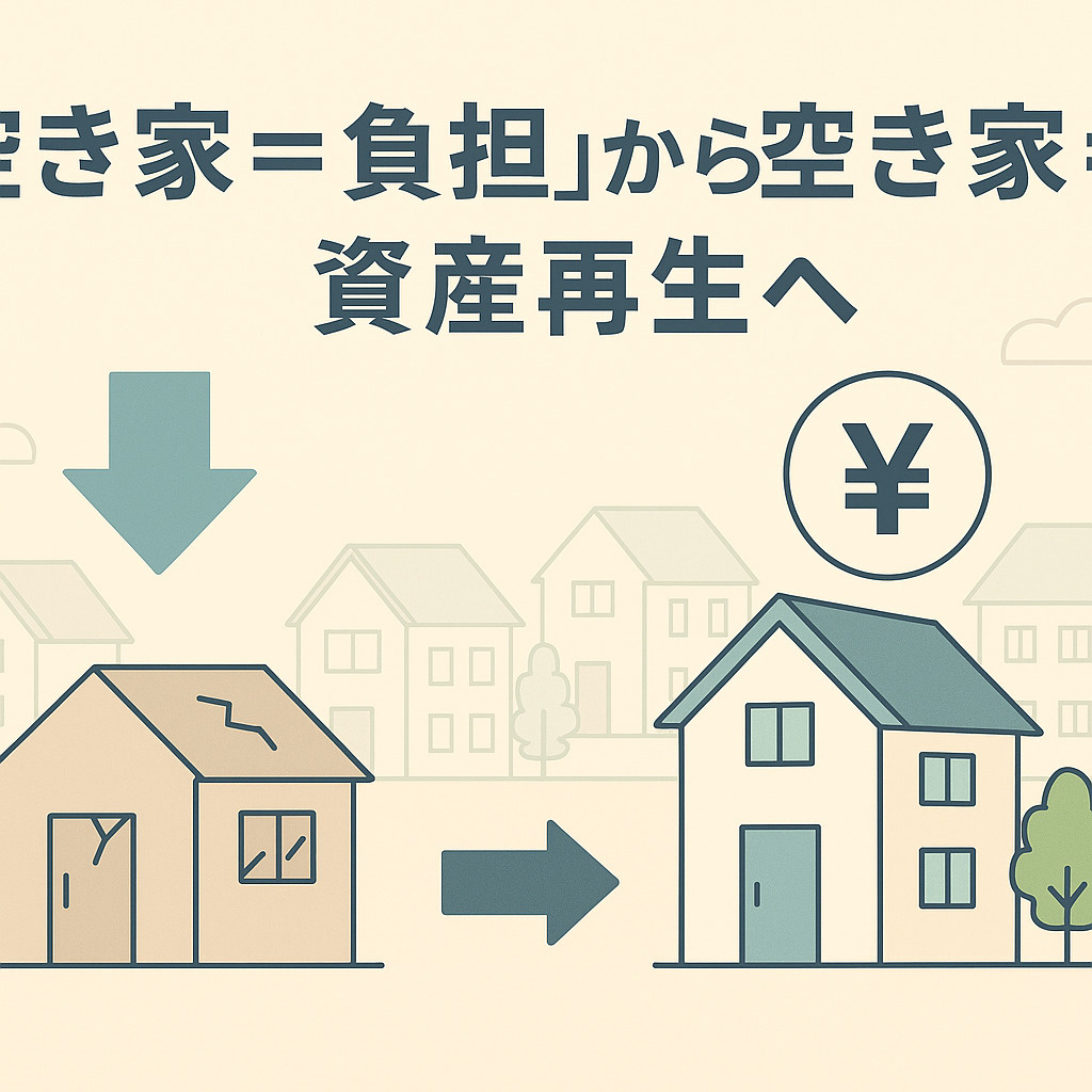 足立区竹ノ塚の住宅街を背景に、再生された家の前で笑顔で握手する売主と不動産スタッフのシルエット。青×グレー基調、右下に不動産のみらいロゴ入り。