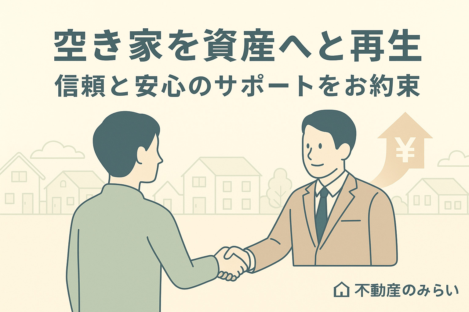 パステル調の青×グレー基調で、夕暮れの足立区綾瀬の住宅街を背景に、安心した表情の家族と不動産スタッフが並ぶシルエット。右下に不動産のみらいロゴ入り。