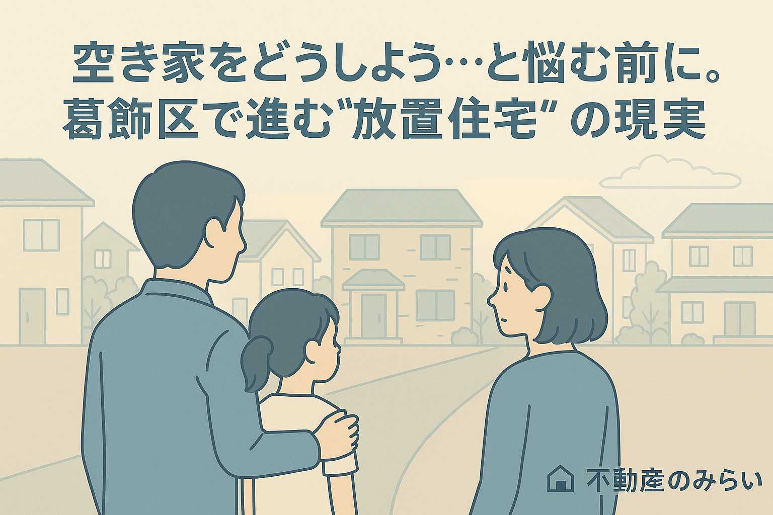 パステル調の青×グレー基調で、葛飾区立石の住宅街を背景に、空き家を見つめる家族のシルエット。右下に不動産のみらいロゴ入り。