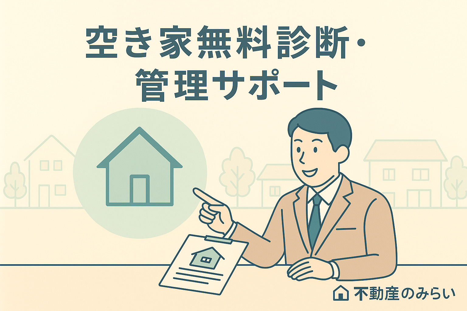 パステル調の青×グレー基調で、葛飾区お花茶屋の住宅街を背景に、空き家前で説明する不動産スタッフと安心した表情の売主のシルエット。右下に不動産のみらいロゴ入り。