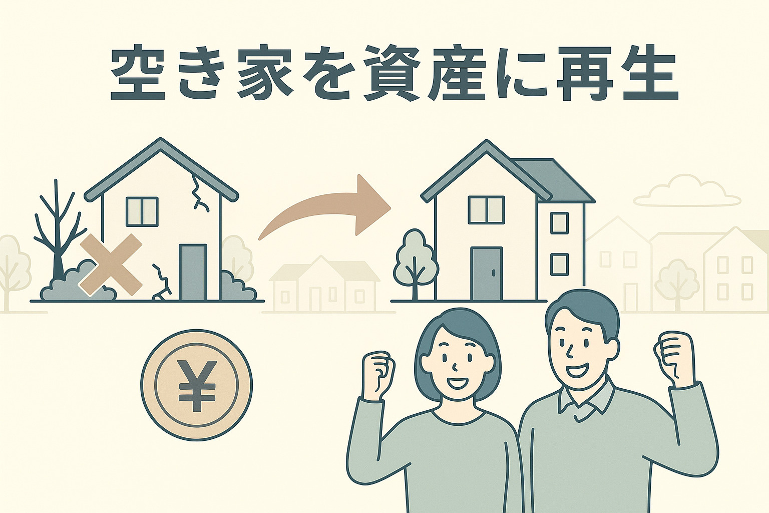 葛飾区立石の住宅街を背景に、再生された家の前で笑顔で握手する売主と不動産スタッフのシルエット。青×グレー基調、右下に不動産のみらいロゴ入り。