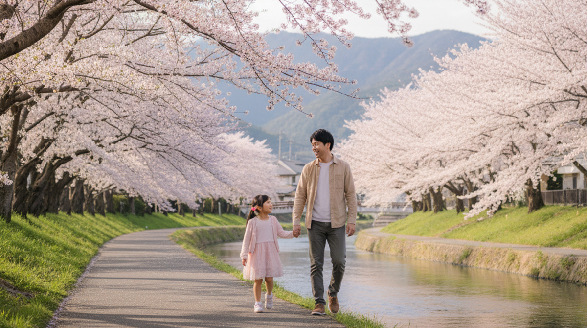 桜が咲く芦屋川沿いを散歩する親子
