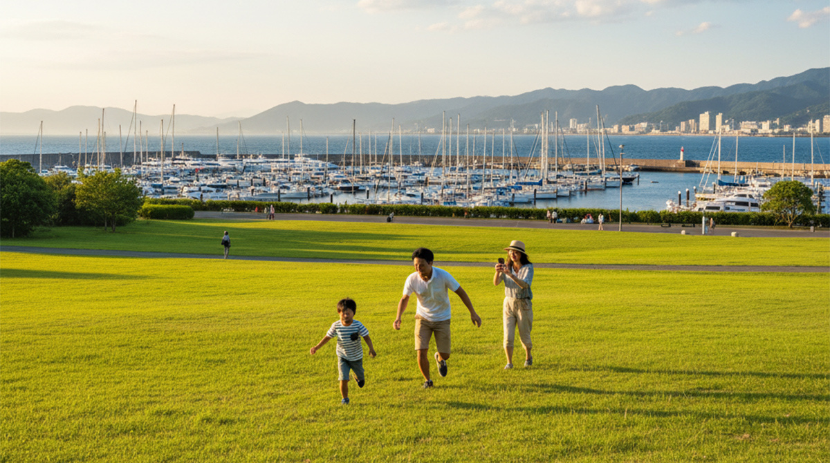 南芦屋浜の海が見える公園で遊ぶ家族