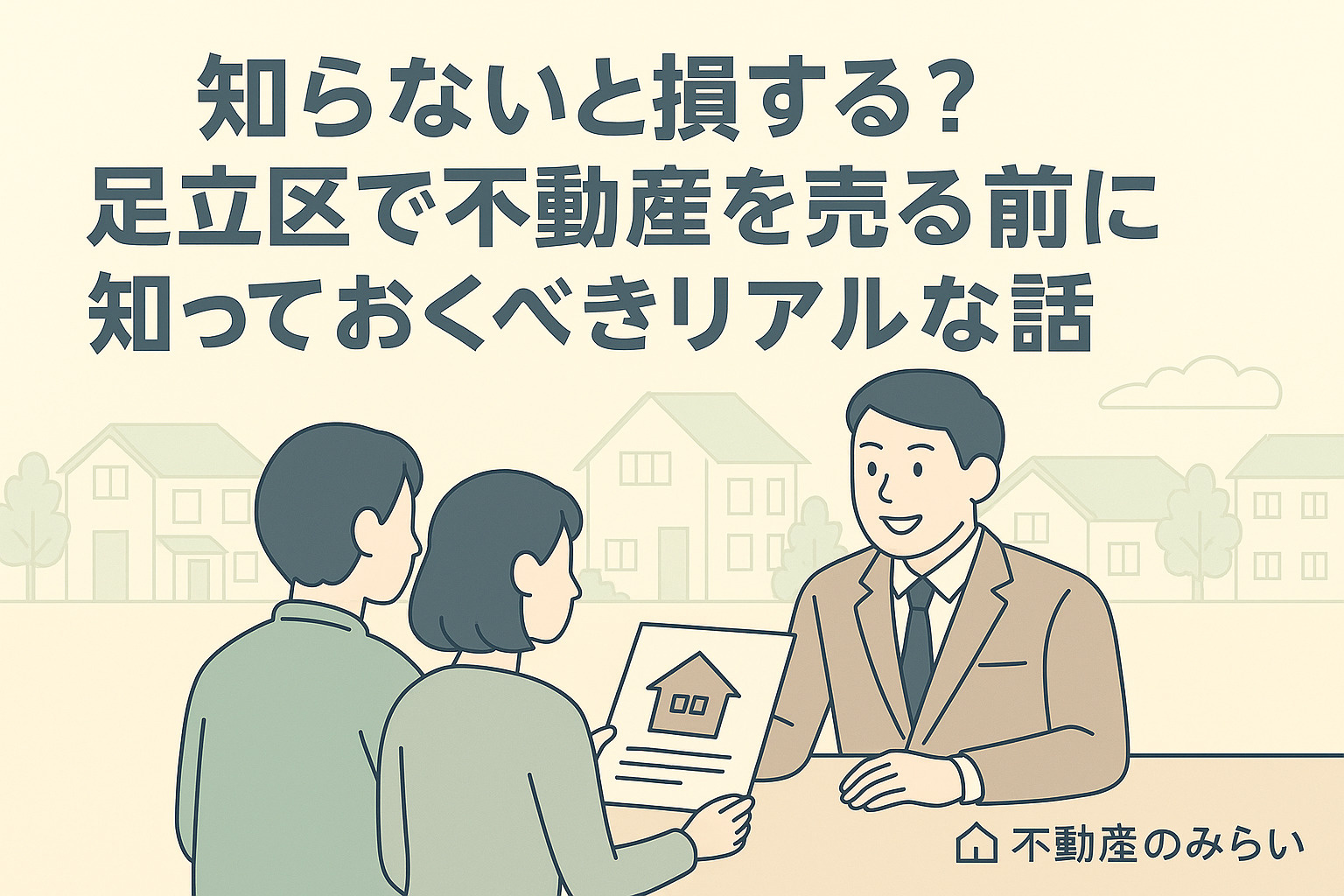 パステル調の青×グレー基調で、足立区綾瀬の住宅街を背景に、売却を考える家族とスタッフが資料を見ながら相談するシルエット。右下に不動産のみらいロゴ入り。