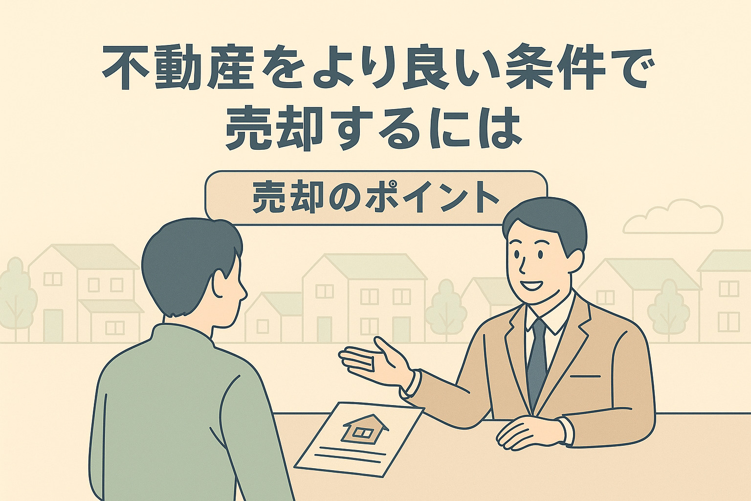 竹ノ塚駅周辺の住宅街を背景に、パソコンで相場グラフを確認するスタッフのシルエット。中央上部に章タイトル、右下に不動産のみらいロゴ入り。