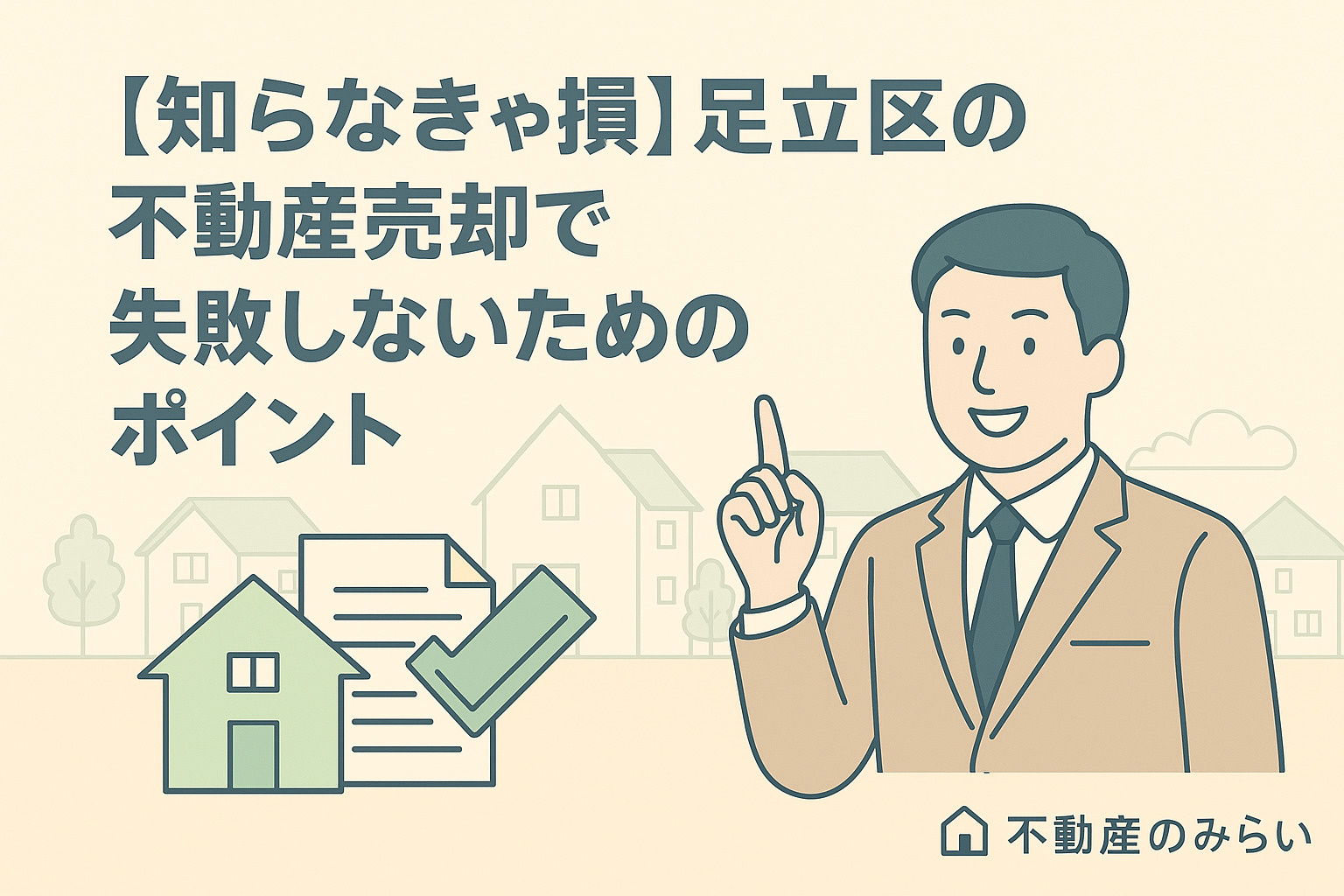 綾瀬の住宅地を背景に、リフォームプランを相談する売主と担当者のシルエット。温かみのある光、右下に不動産のみらいロゴ入り。