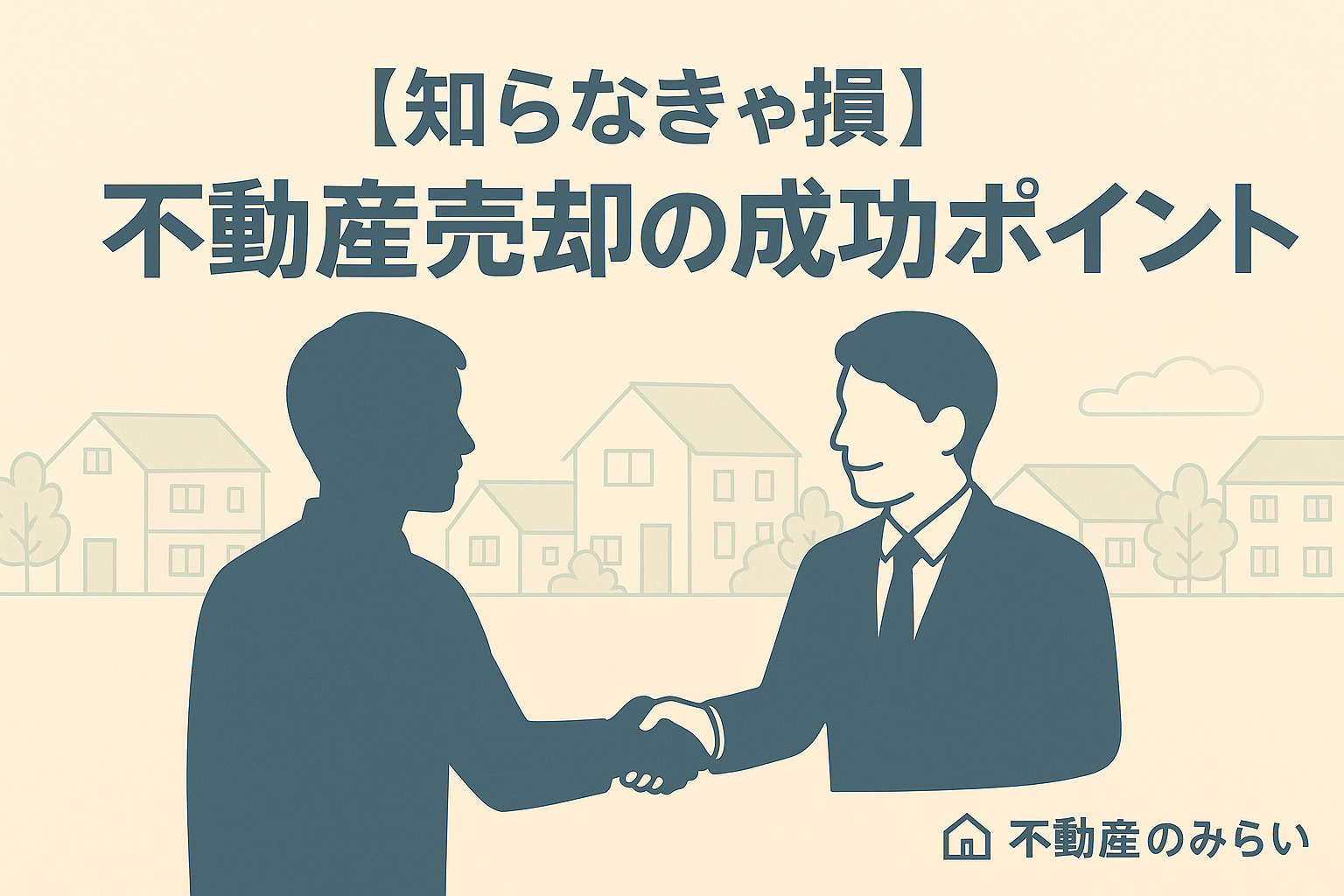 契約書にサインする売主と担当スタッフのシルエット。背景は足立区の住宅街、青×グレー基調で右下に不動産のみらいロゴ入り。