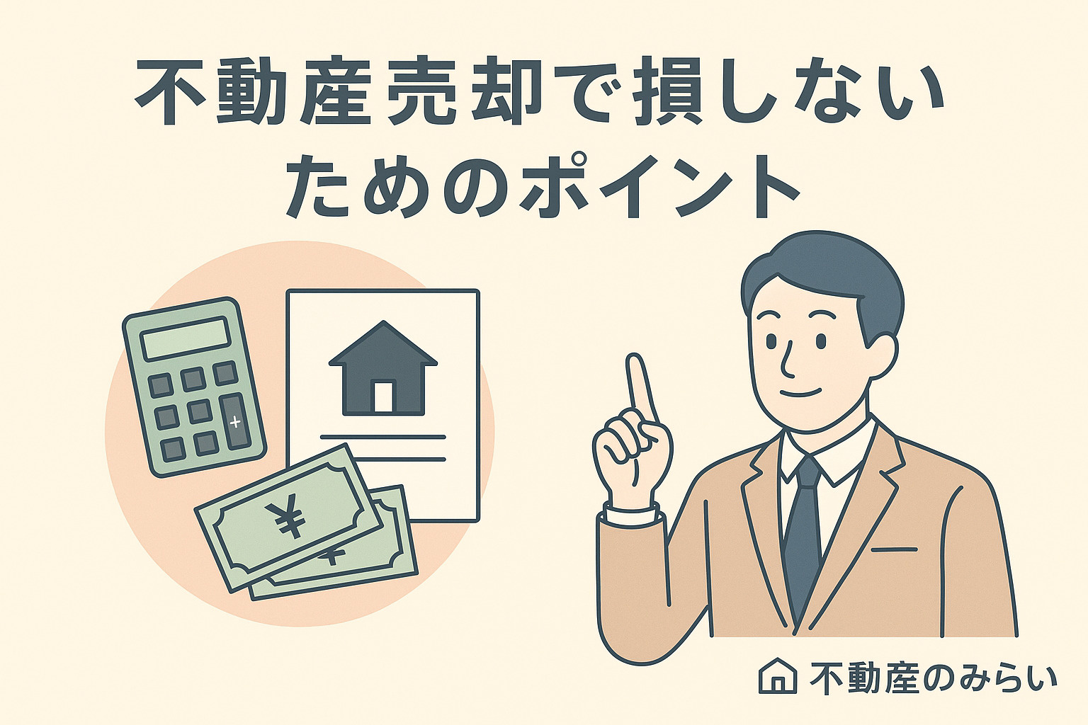 綾瀬の住宅街を背景に、笑顔で握手する売主とスタッフのシルエット。タイトル文字入り、右下に不動産のみらいロゴ入り。
