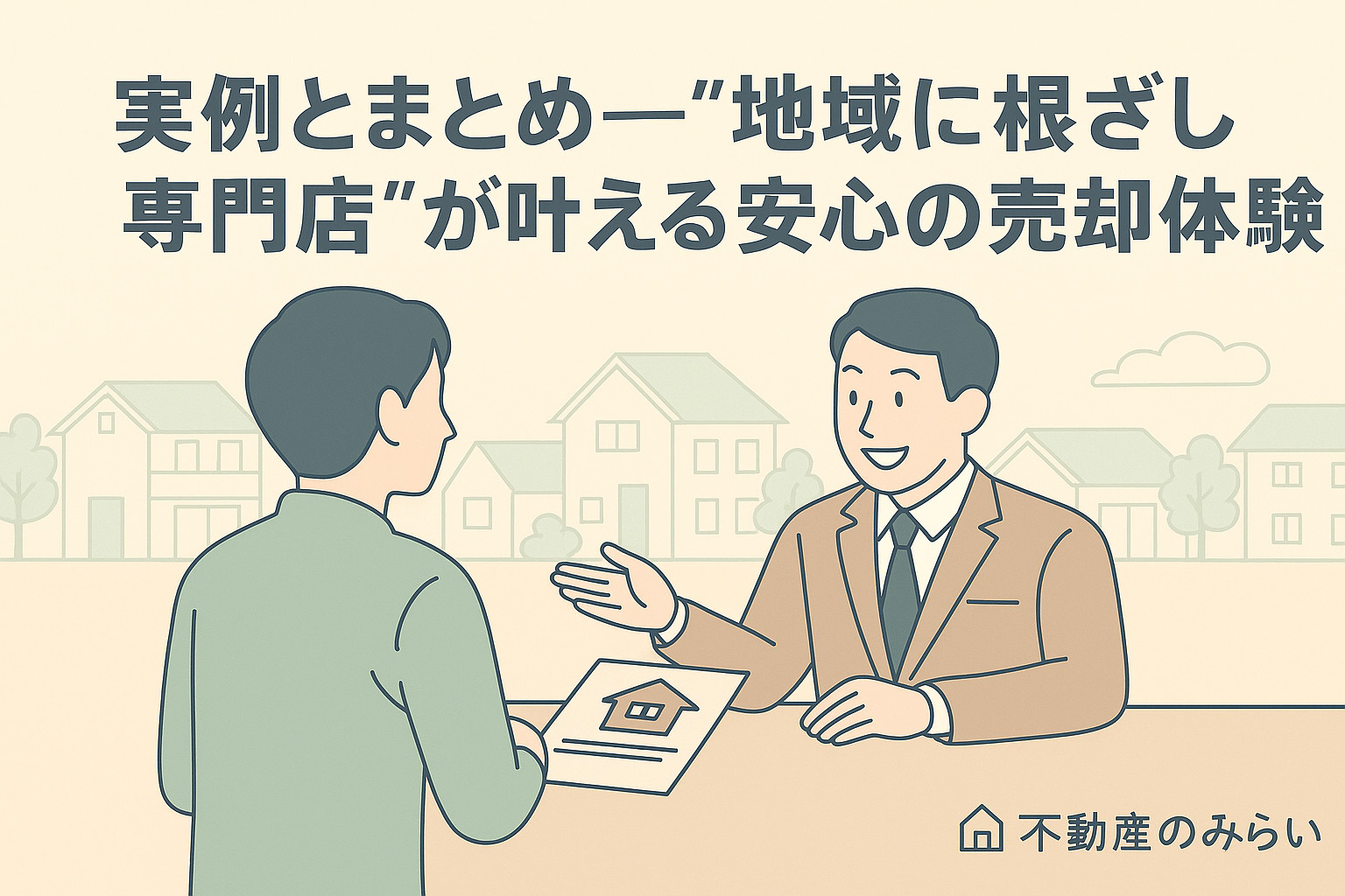 契約成立に笑顔の売主とスタッフ。成功事例と安心感を表すイラスト。背景に足立区の街並みを配置。